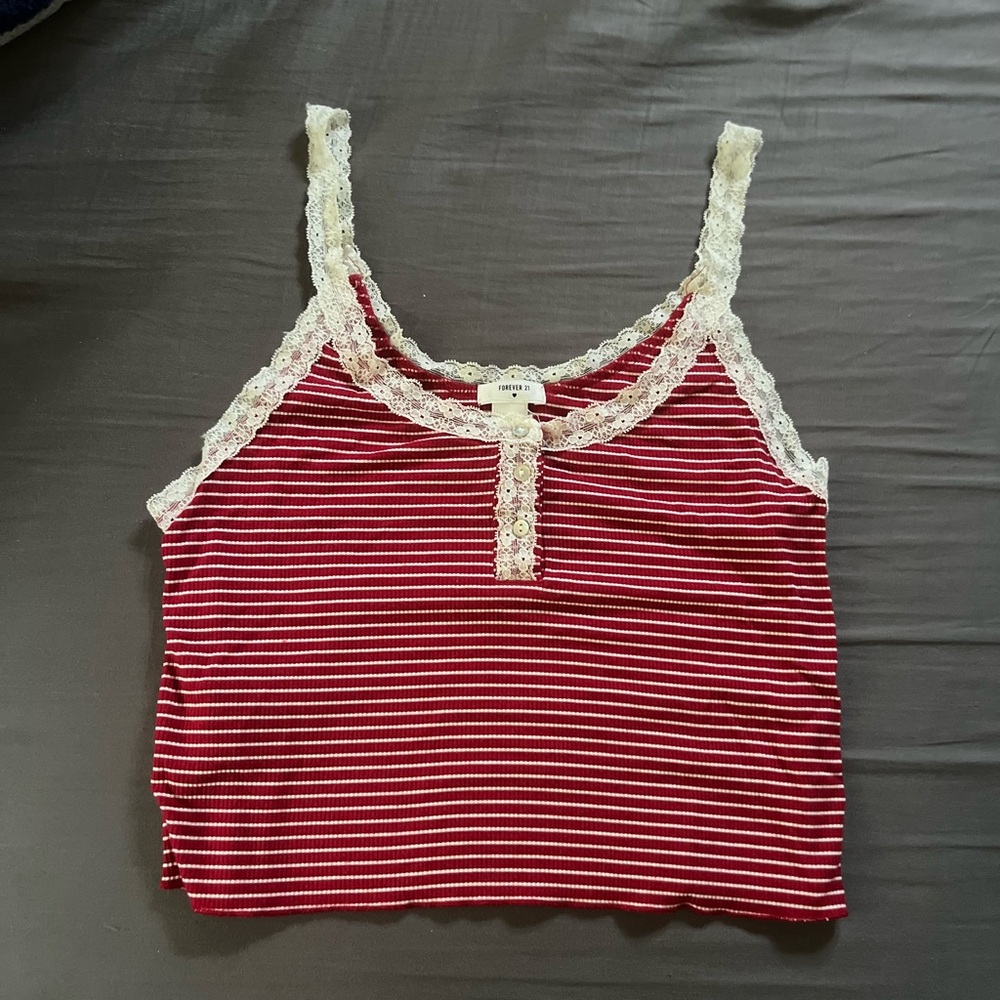 Red Striped Lace Trim Tank Top